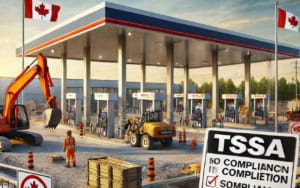 Gas station construction site in Ontario, featuring machinery, workers in safety gear, and TSSA compliance signs.