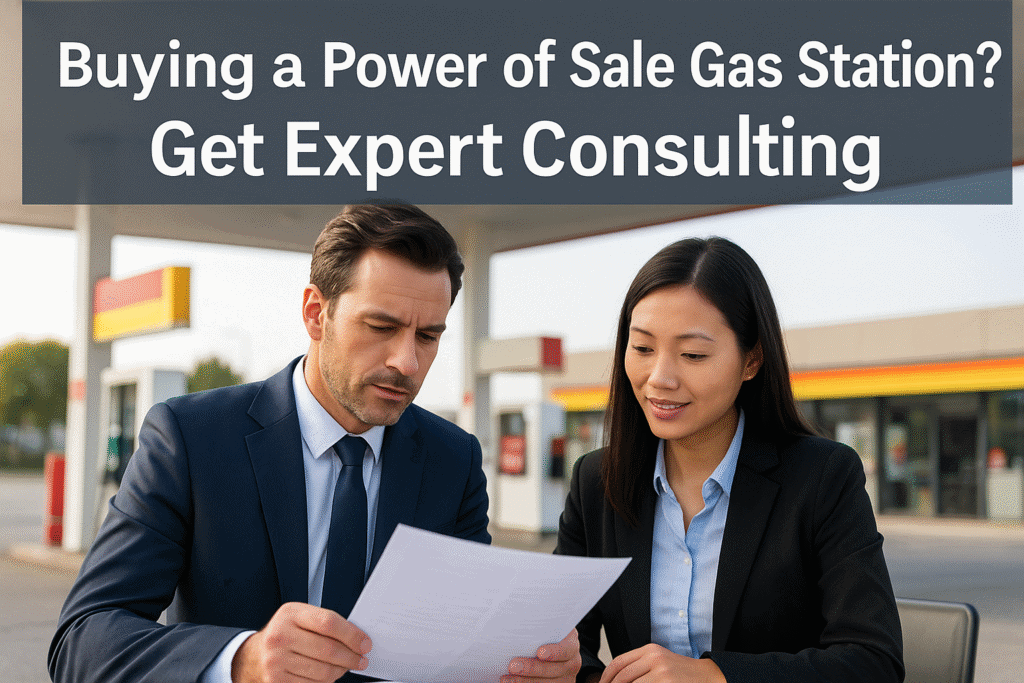 Consulting experts reviewing documents at a gas station, offering guidance on buying a power of sale or receivership gas station in Ontario.