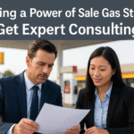 Two professionals reviewing documents at a gas station in Ontario.