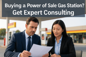 Consulting experts reviewing documents at a gas station, offering guidance on buying a power of sale or receivership gas station in Ontario.
