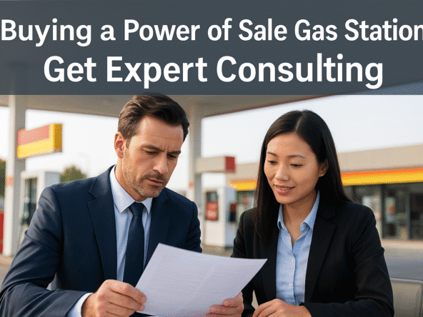 Consulting experts reviewing documents at a gas station, offering guidance on buying a power of sale or receivership gas station in Ontario.