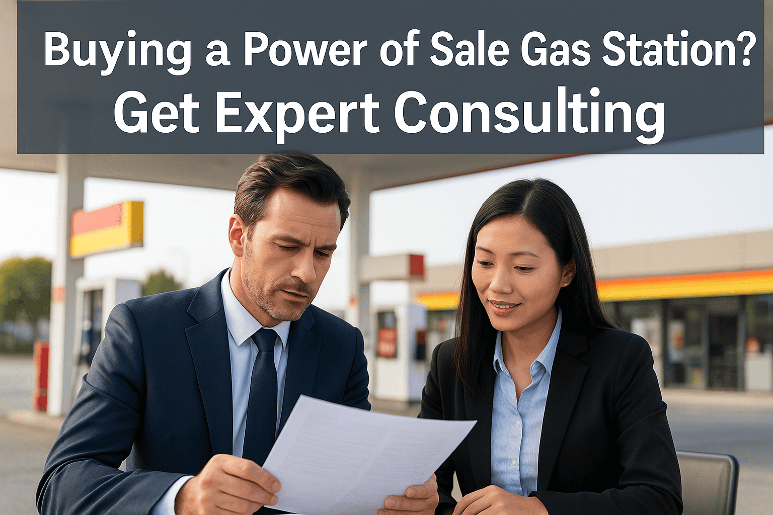 Consulting experts reviewing documents at a gas station, offering guidance on buying a power of sale or receivership gas station in Ontario.