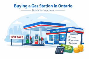 Buying a gas station in Ontario guide with fuel pumps and convenience store illustration