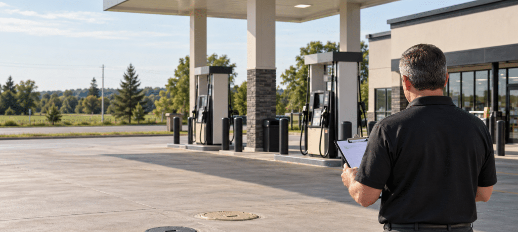 Gas station owner reviewing fuel dispensers and tank area at an Ontario station