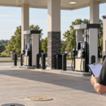 Gas station owner reviewing fuel dispensers and tank area at an Ontario station