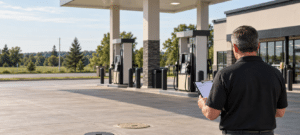 Gas station owner reviewing fuel dispensers and tank area at an Ontario station