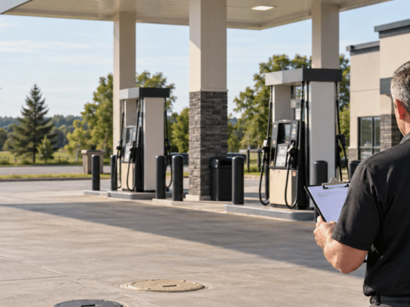 Gas station owner reviewing fuel dispensers and tank area at an Ontario station