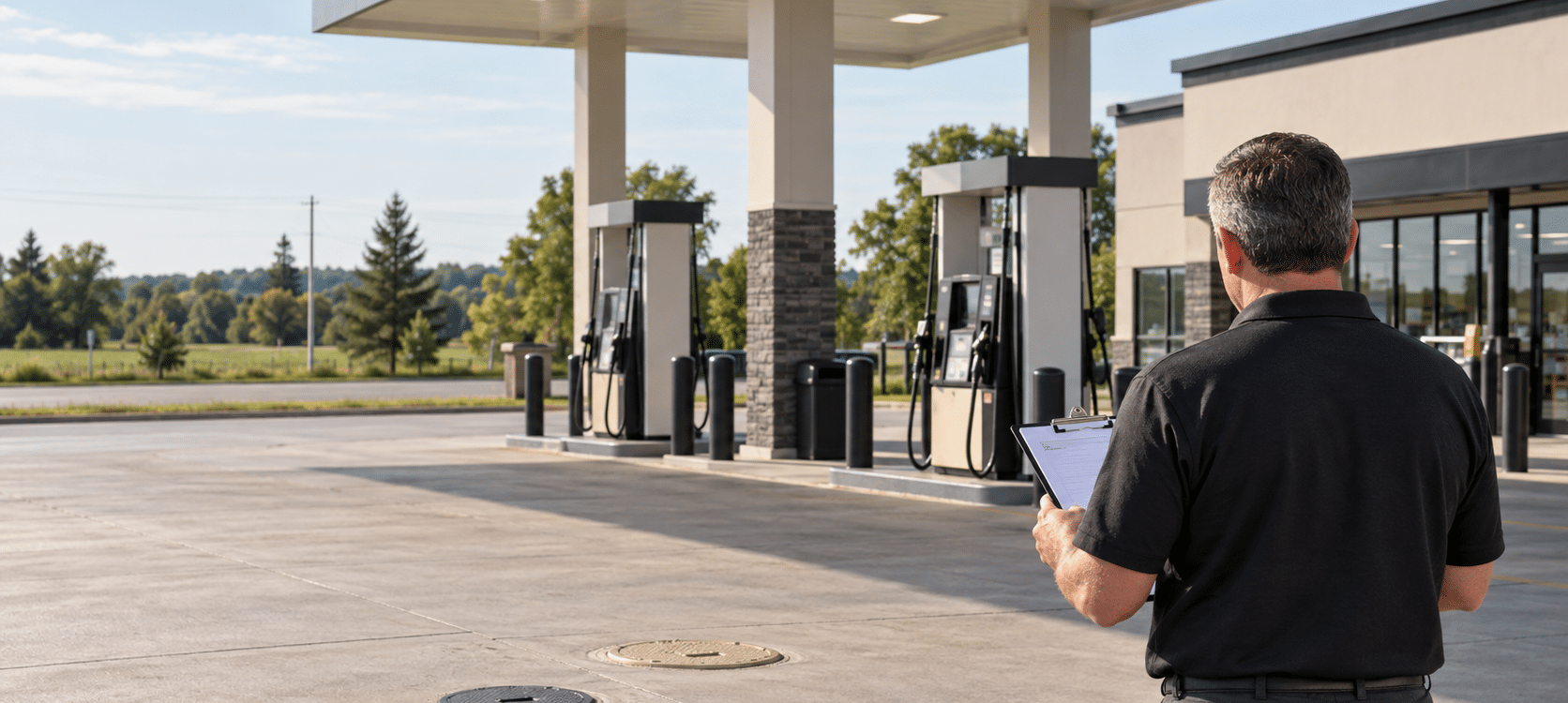 Gas station owner reviewing fuel dispensers and tank area at an Ontario station