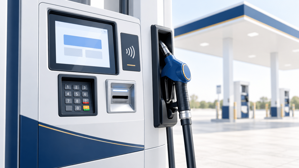 Illustration of a gas station dispenser with a card reader, PIN pad and contactless payment reader.