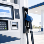 Illustration of a gas station dispenser with a card reader, PIN pad and contactless payment reader.