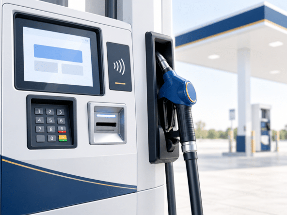Illustration of a gas station dispenser with a card reader, PIN pad and contactless payment reader.