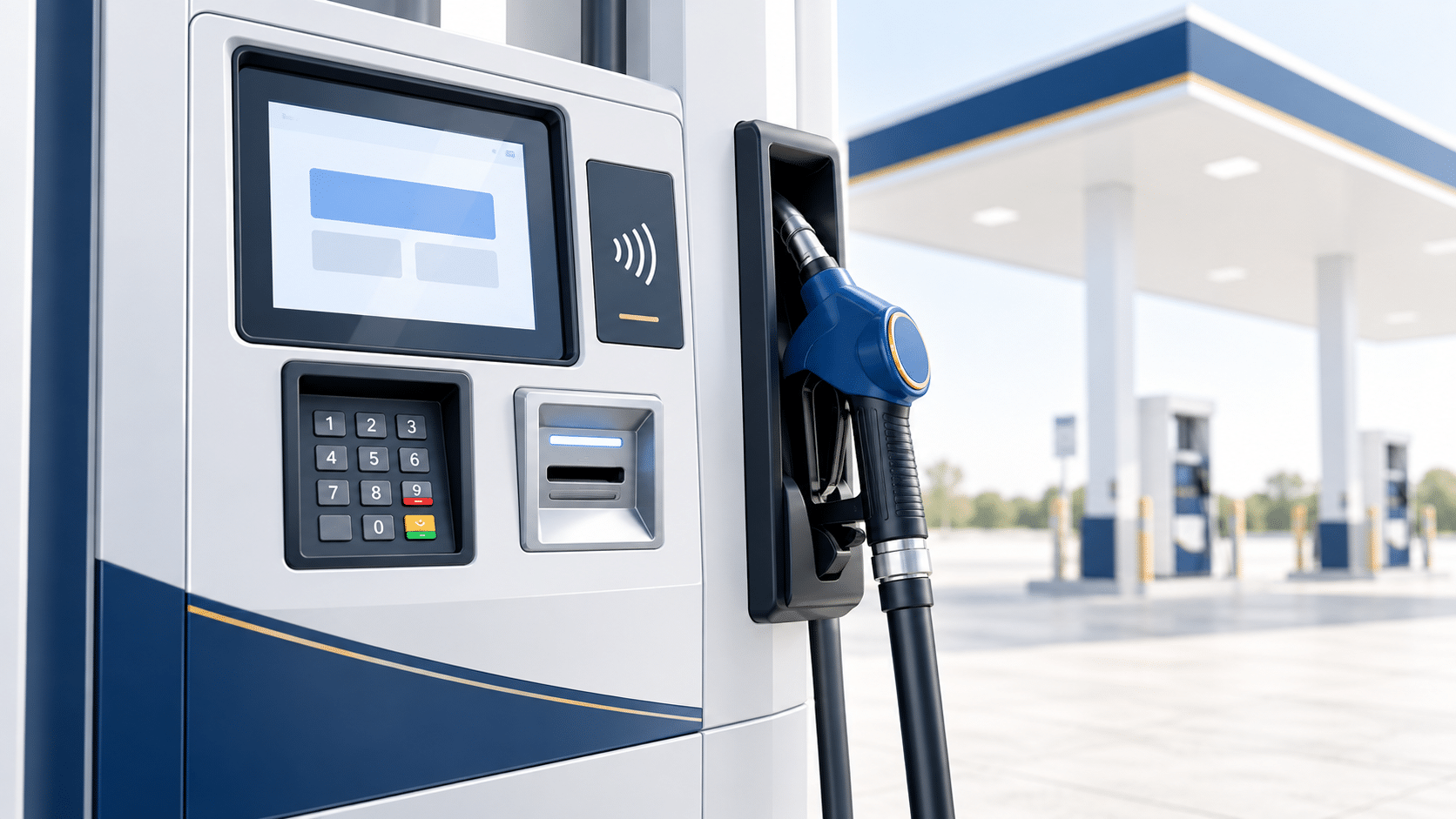 Illustration of a gas station dispenser with a card reader, PIN pad and contactless payment reader.